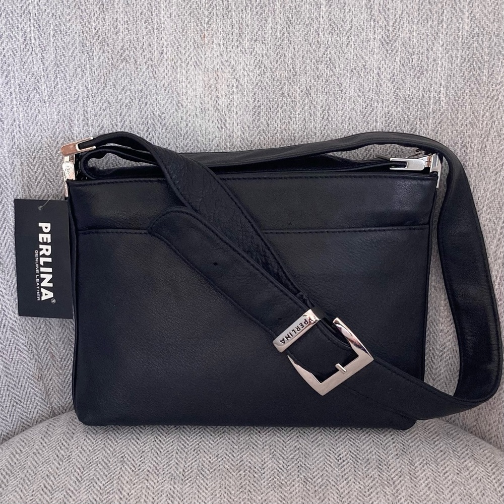 Perlina Black Leather Crossbody Messenger Bag